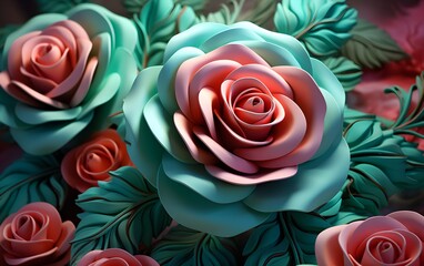 Floral trendy abstract colorful background with 3d paper roses and green leaves, bouquet, botanical background, bridal paper flowers, pattern, papercraft, candy pastel colors, bright hue pa