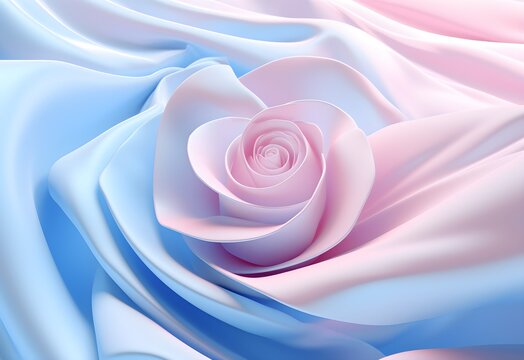 Pastel pink rose flower and blue silk fabric background, view from above. Smooth elegant colorful silk satin shining luxury cloth texture abstract background banner wallpaper with copy space, close-up