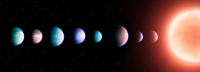 Star with planetary system. Eight exoplanets in a row. Earth-Size Planets Orbit Dwarf Star on a black background. - obrazy, fototapety, plakaty
