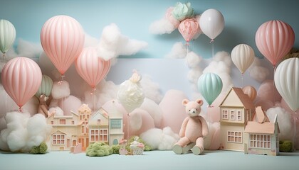 Backdrop for studio photo of young child and new born baby, bedroom with toys