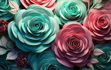 Floral trendy abstract colorful background with 3d paper roses, bouquet, botanical background, bridal paper flowers, pattern, papercraft, candy pastel colors, bright hue pa
