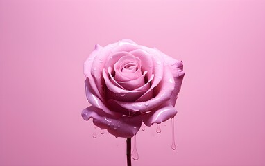 Beautiful pink rose flower from which droplets of paint are dripping in monochromatic tones on a minimal modern pastel background, dew, artistic design abstract
