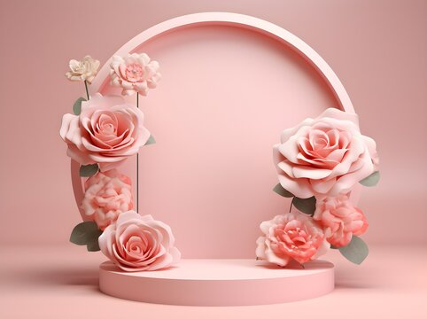 Premium rose podium, stand on pastel, pink, purple background. Empty space for a product presentation mock up, 3d, render with copy space, March 8. Romance showcase with flowers, roses, love.