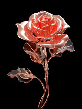 3D illustration of blooming rose glass flower, metallic, golden, red, stem with flowers and leaves isolated on dark modern black background
