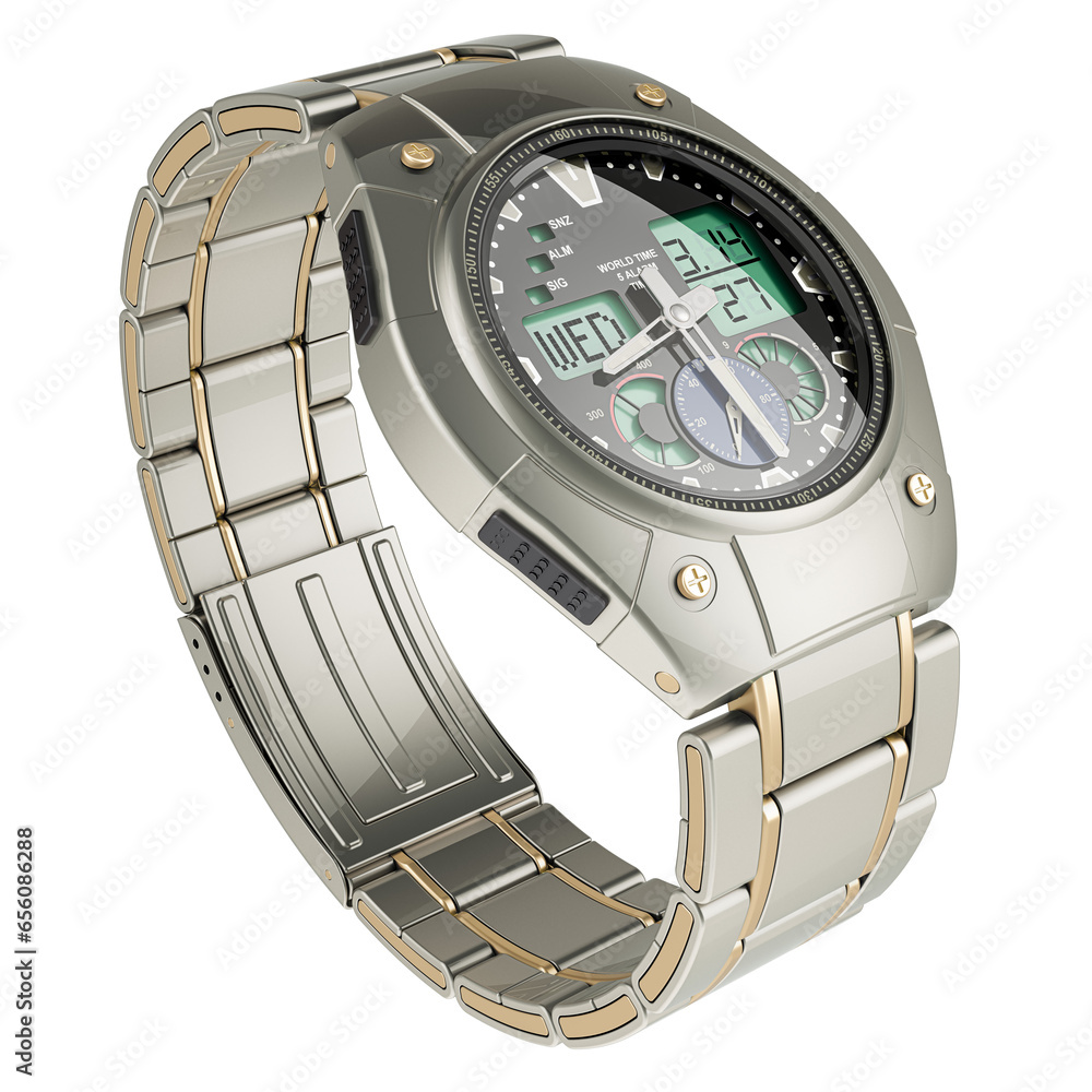 Aufkleber analog digital wrist watch for men, 3d rendering isolated on transparent background