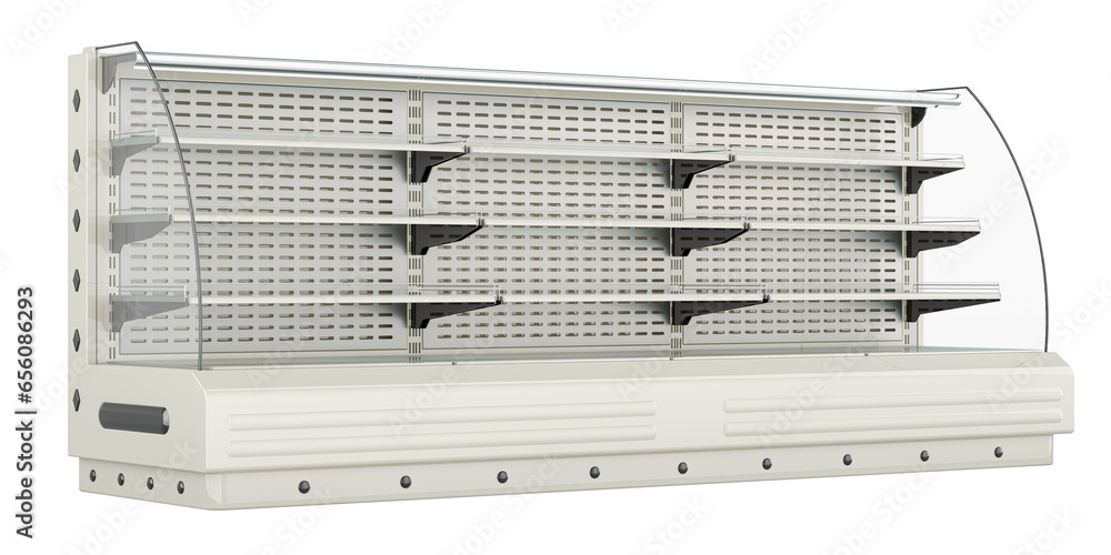 Poster refrigerated air curtain merchandiser. horizontal open air merchandiser. 3d rendering isolated on tr