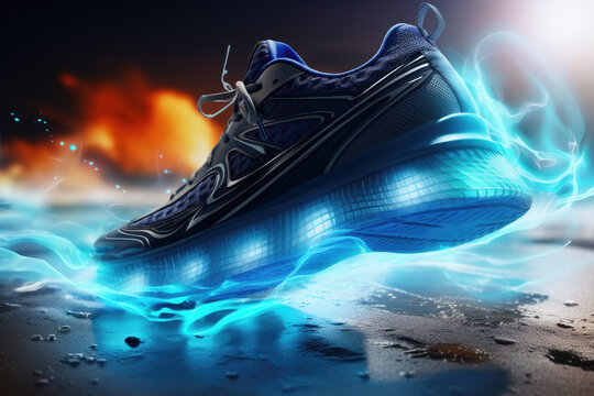 Pair of running shoes is pictured on wet surface. This image can be used to represent outdoor activities, fitness, or concept of overcoming obstacles.