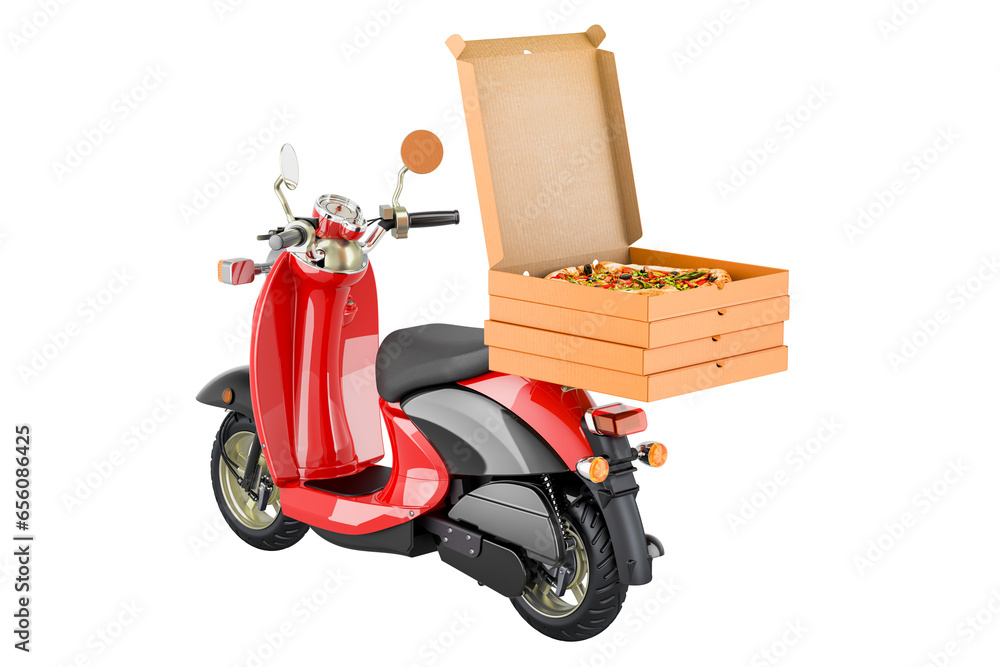 Poster pizza delivery, concept. motor scooter with pizza boxes. 3d rendering isolated on transparent backgr