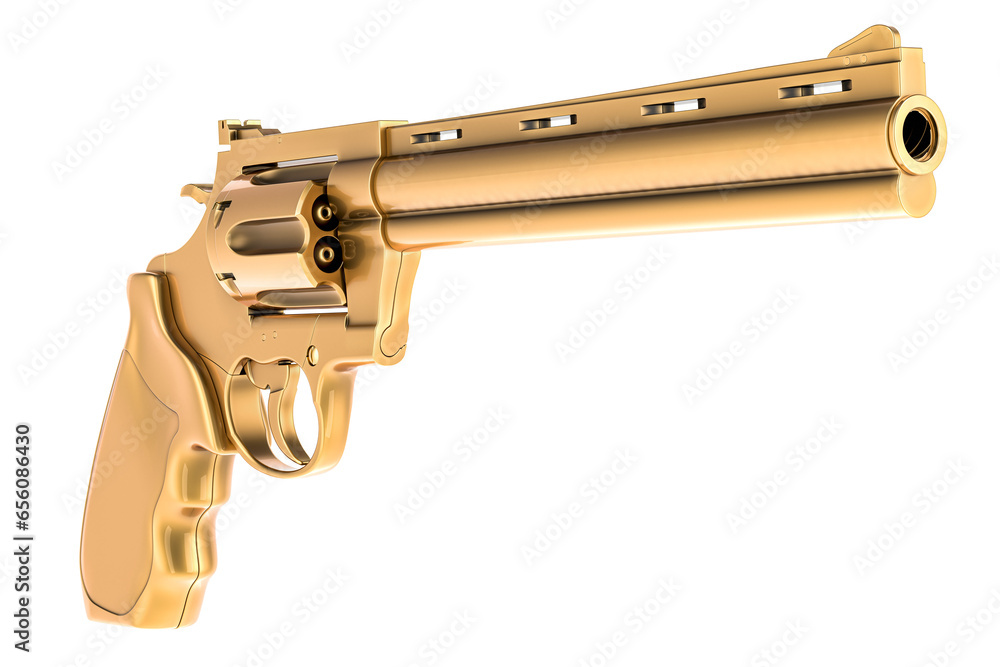 Poster golden revolver. 3d rendering isolated on transparent background