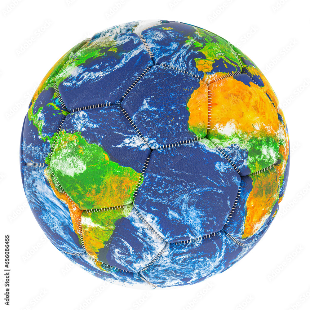 Poster soccer ball with earth map texture, 3d rendering isolated on transparent background