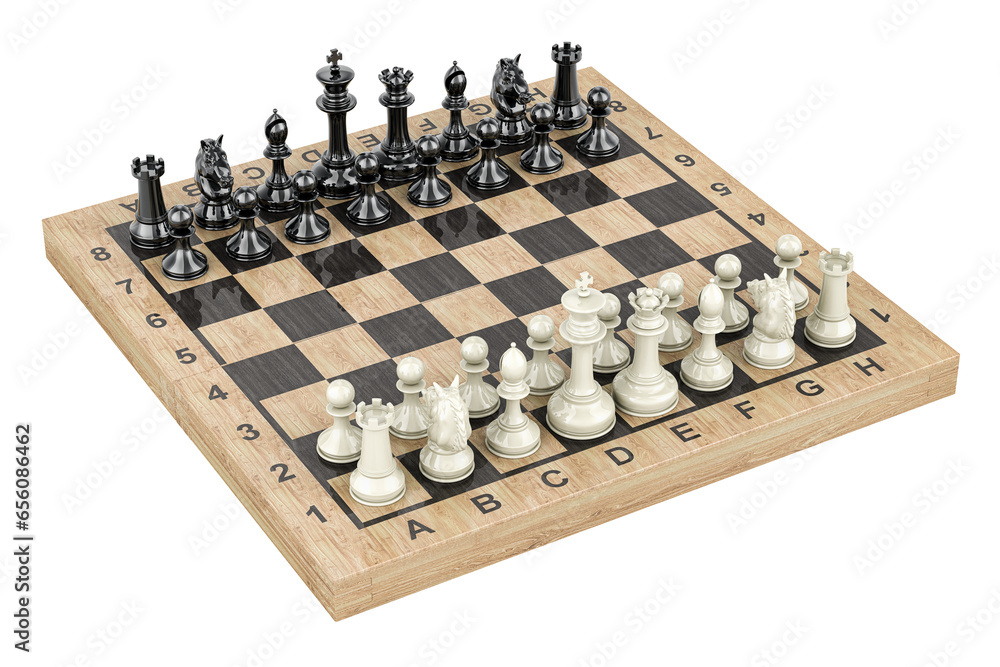 Poster chess board with figures. start chess game, 3d rendering isolated on transparent background