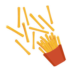 Set of cartoon french fries splashing out of a red paper bag Delicious fast food Cute cartoon vector illustration isolated on white background.
