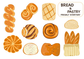 Set of bakery breads and pastries fresh daily. Delicious. Cartoon vector illustration isolated on a white background.