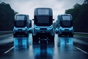 Group of three electric buses driving down road. Suitable for transportation, eco-friendly, and urban commuting concepts.