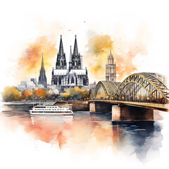 Kölner Dom und Rhein in sanften Aquarellfarben
