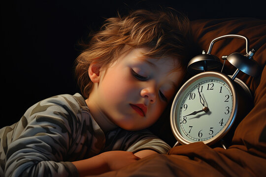 Peaceful image of young boy sleeping next to alarm clock. This picture can be used to illustrate concepts such as relaxation, bedtime routines, and time management.