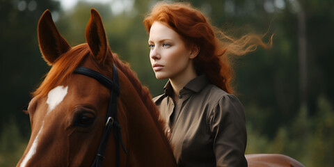Beautiful redhead girl on a horse