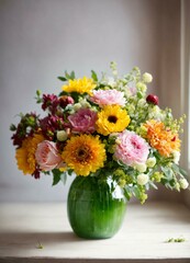bouquet of flowers, ai art, generative art, vase of flowers, flowers, flower, vase, bouquet, nature, pink, plant, bunch, blossom, bloom, spring, yellow, arrangement, rose, floral, daisy, colorful, iso