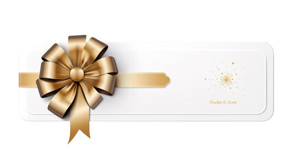 White gift voucher with gold ribbon and bow. Discount coupon. Isolated on white and transparent background
