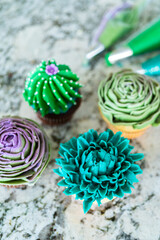 Decorating Cupcakes with Cactus-Shaped Buttercream Frosting