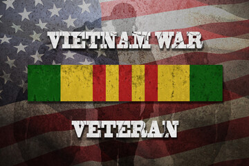 Silhouettes of soldiers saluting and Vietnam Campaign Ribbon with Vietnam War Veteran inscription. Vietnam Veterans Day. General commemoration in the Armed Forces. The service ribbon. Grunge style.
