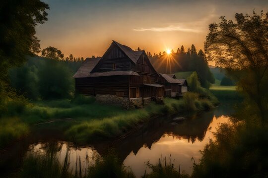 Village, old house, sunset, forest, river, nostalgia - AI Generative