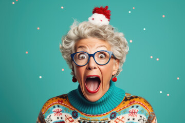Crazy senior woman shouting in ugly christmas sweater. - obrazy, fototapety, plakaty