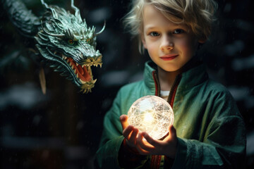 Naklejka premium Child with a magic light ball and green dragon in fantasy world.