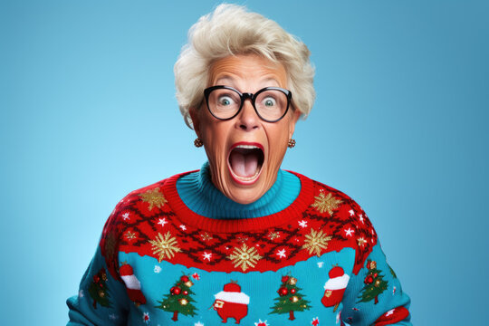 Isolated shouted senior woman wearing ugly christmas sweater.