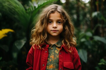 Portrait of a cute little girl in a red jacket on a background of the jungle.