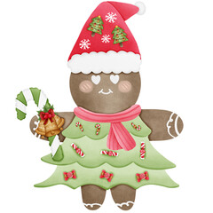 christmas gingerbread cookies with hat and holding candy cane isolated on transparent background 