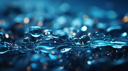 Dynamic deep blue background enhanced by sparkling water droplets and gradients. - obrazy, fototapety, plakaty