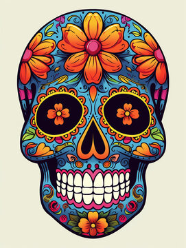 Effective skull decorated with flowers. Mexican day of the dead theme "día de muertos"