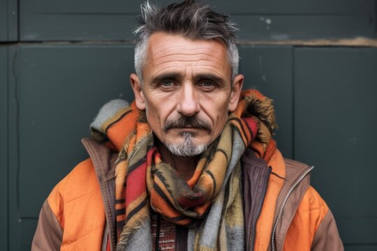 Portrait of a handsome middle-aged man with a gray beard and mustache in an orange jacket and scarf.