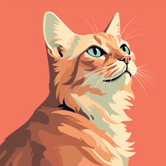 Realistic simple orange and white cat on a bright background. The animal is looking up. Illustration, vector, stylish design