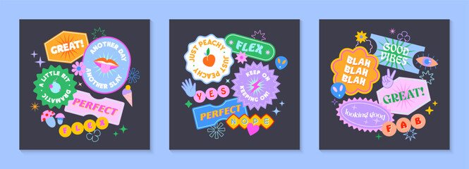 Vector set of cute illustrations with patches and stickers in 90s style.Modern templates in y2k aesthetic with text.Trendy funky designs for banners,social media marketing,branding,packaging,covers