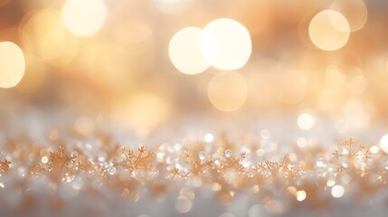 Fototapeta na wymiar Abstract winter snow with golden snowflakes and bokeh. Festive minimal background.