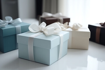 Gift boxes with ribbon on white table close-up