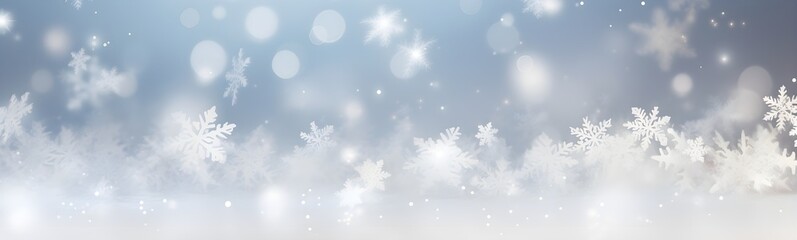 Fototapeta na wymiar Abstract winter snow with white snowflakes confetti and bokeh. Festive minimal wide background.