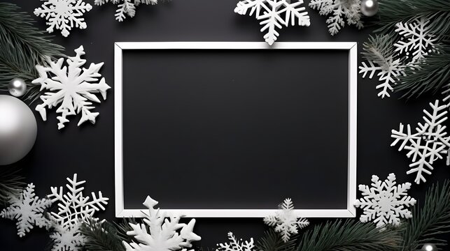 Minimalistic black picture frame empty mockup template decorated with Winter white snowflakes