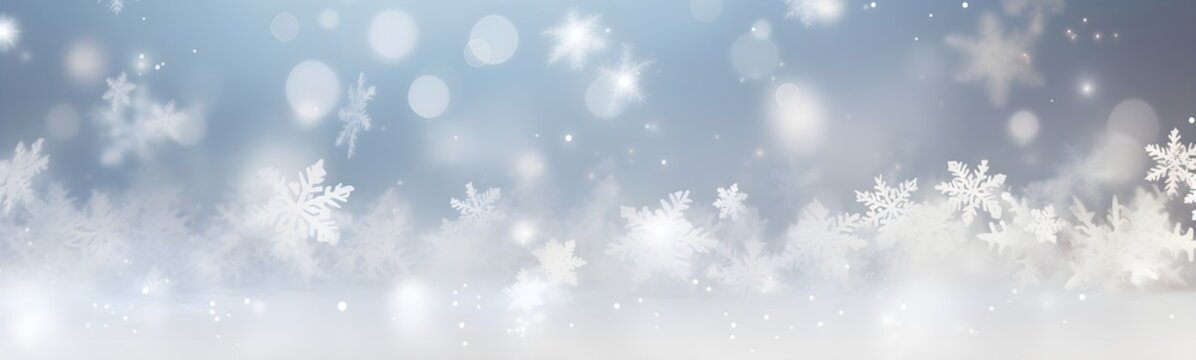 Abstract winter snow with white snowflakes confetti and bokeh. Festive minimal wide background.
