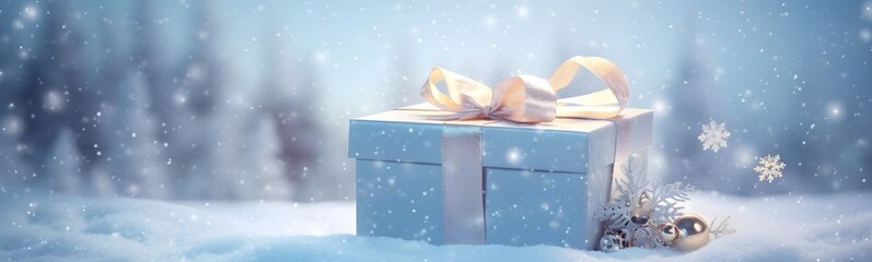 Festive present gift box with White snowflakes. Abstract background with copy space. - Powered by Adobe