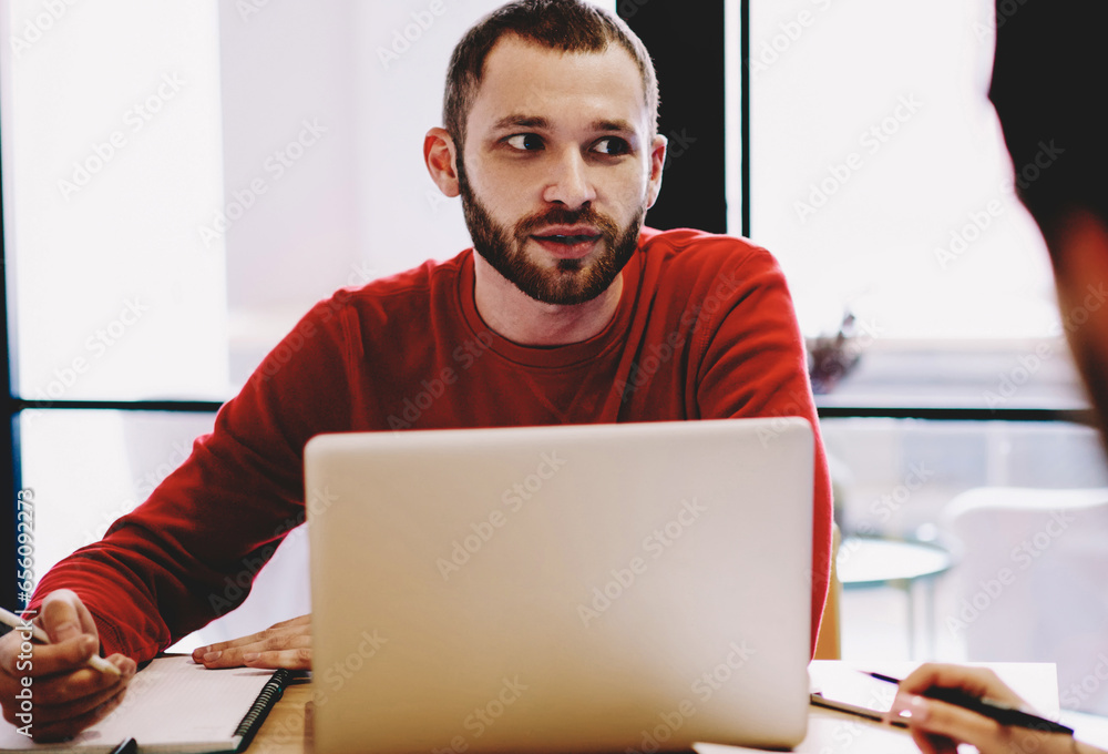 Poster cropped image of interview with confident owner of business