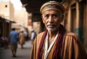 Portrait of elderly Egyptian man in traditional clothing style , diversity, ethnicity background, people banner, copy space text 