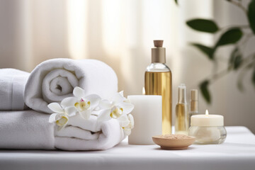 Fototapeta na wymiar Towels with beauty treatment items setting in spa center in white room. Generative AI