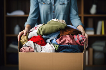 Obraz premium Volunteer holds a clothes donation box filled with clothing and household items. Generative AI