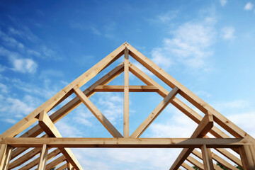 Wood roof trusses constructed with construction framing beams timber. Generative AI
