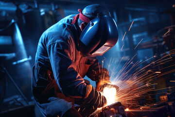 Worker welder performs arc welding in factories. Generative AI