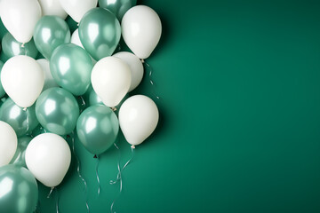 grüne und weiße Ballons mit Platz für Text. Querformat. Generative Ai.