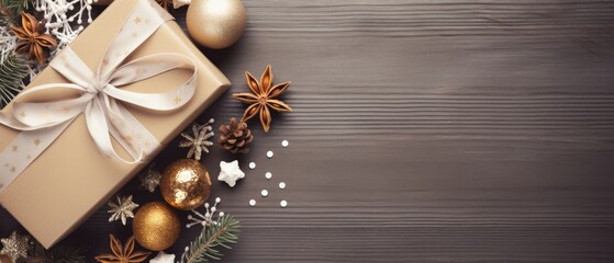 Dark Christmas background, xmas flat lay with copyspace, golden decoration, free space for text, ai generated